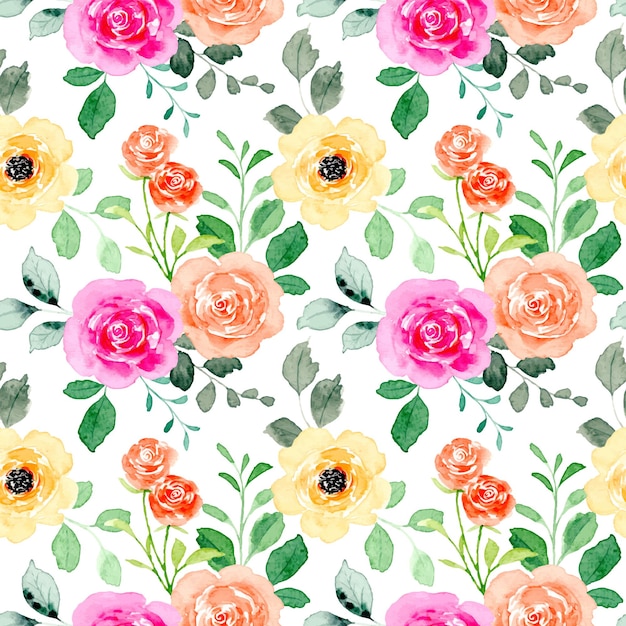 Seamless pattern of colorful flowers with watercolor