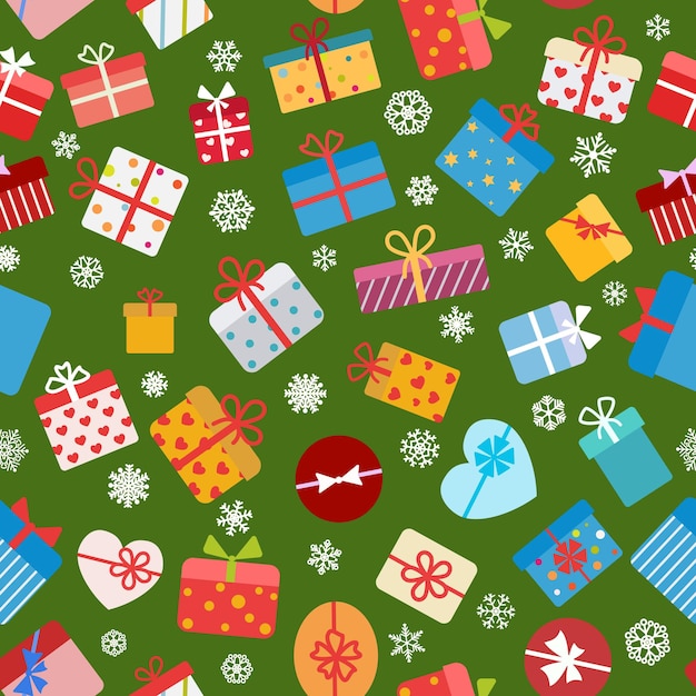 Seamless pattern of colorful gift boxes on green background