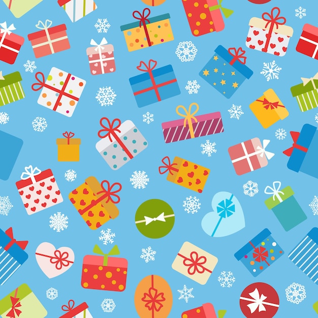 Seamless pattern of colorful gift boxes on light blue background