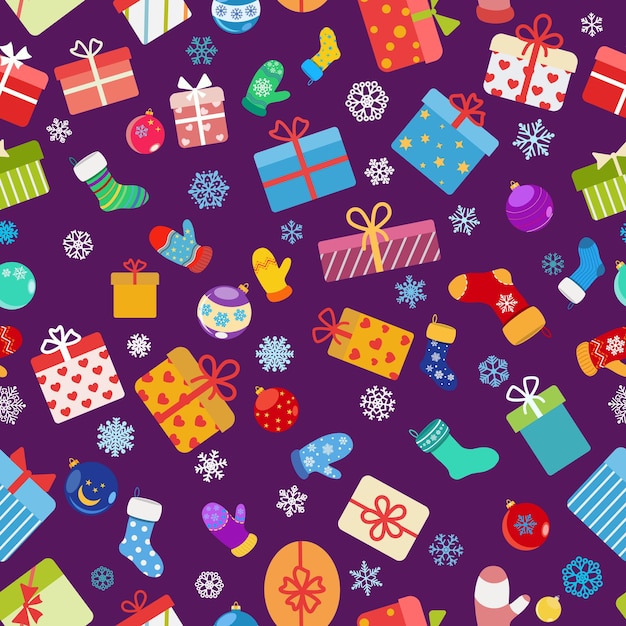 Seamless pattern of colorful gift boxes, socks, mittens and christmas balls