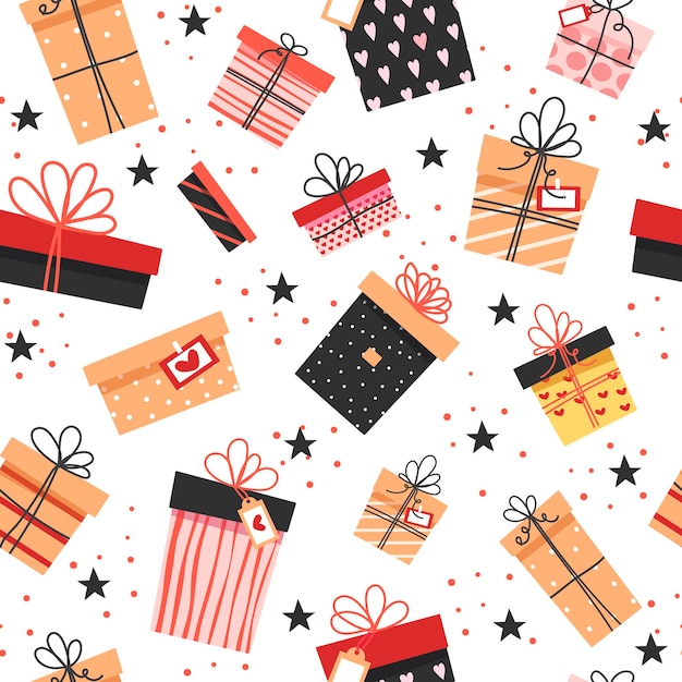 Seamless pattern. colorful gifts, many different cute boxes with bows.