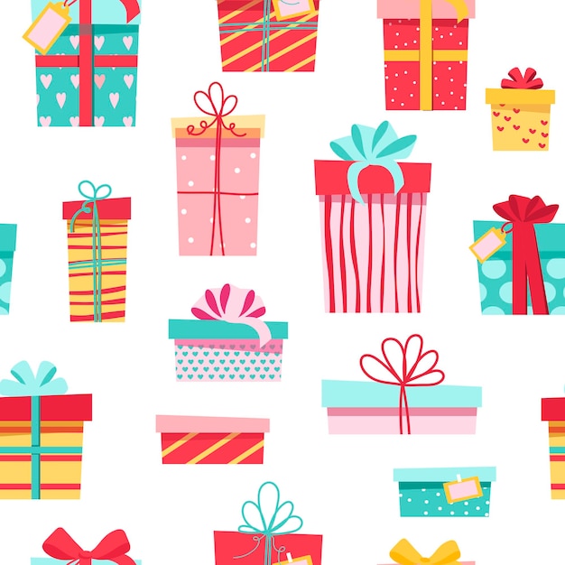 Seamless pattern. colorful gifts, many different cute boxes with bows.