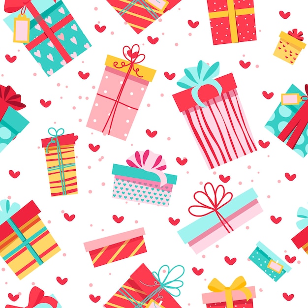 Seamless pattern. colorful gifts, many different cute boxes with bows.