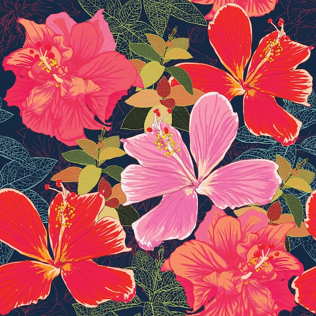 Seamless pattern Colorful Hibiscus flowers background.