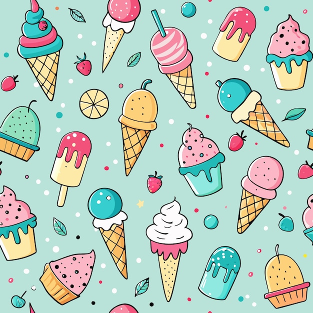 Seamless pattern of colorful ice cream cones popsicles and cupcakes on a blue background