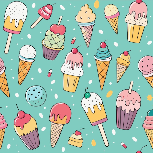 Vector seamless pattern of colorful ice cream cones popsicles cupcakes and sprinkles on a turquoise background