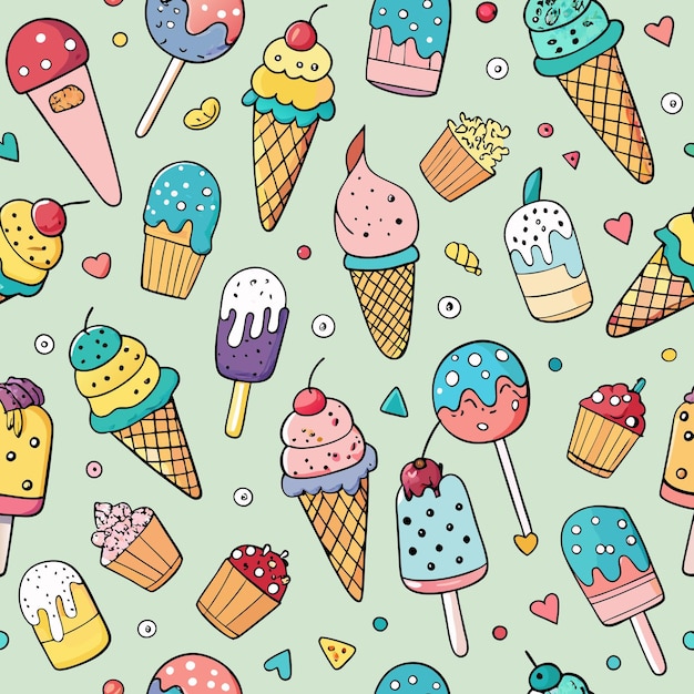 A seamless pattern of colorful ice cream cupcakes and lollipops on a pastel green background