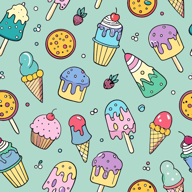 Seamless pattern of colorful ice cream popsicles cakes and candies on a light blue background