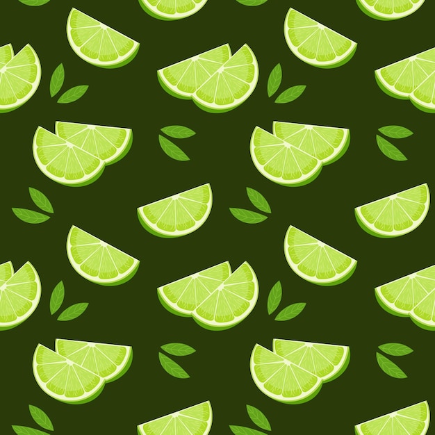 Seamless pattern colorful lime slices and leaves on a green background Fruit background print