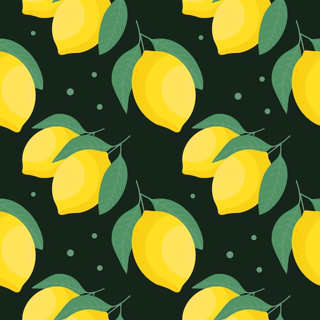 Seamless pattern colorful yellow lemons with leaves on a black background Textile print