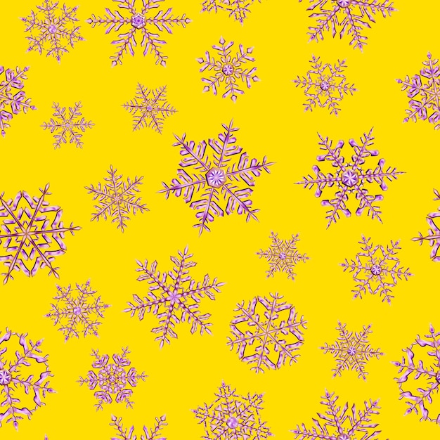 Seamless pattern of complex Christmas snowflakes in purple colors on yellow background