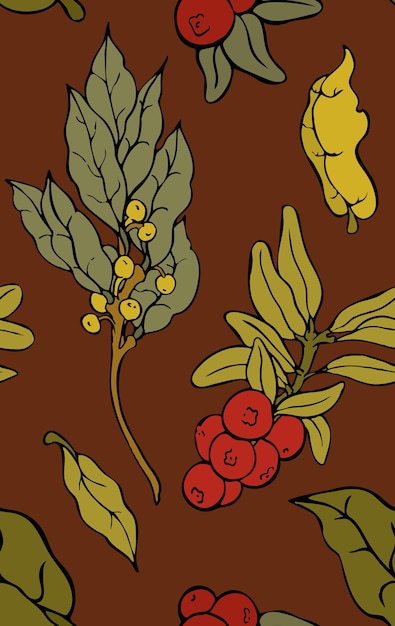 Seamless pattern Composition from a sprig of laurel and lingonberry with leaves berrie