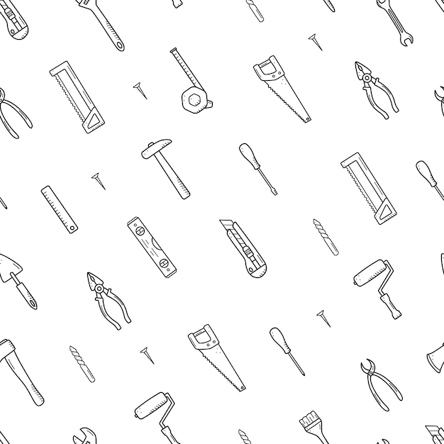 Seamless pattern Construction tools doodle vector set of repair elements cartoon icons