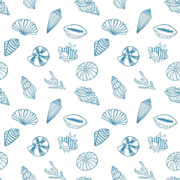 Seamless pattern, contour seashells on a white background. Background, print, textile, vector