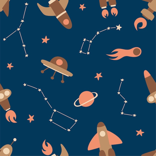 Seamless pattern of cosmic elements. Rockets, spaceships, planets, comets, zodiacs and stars on dark sky.