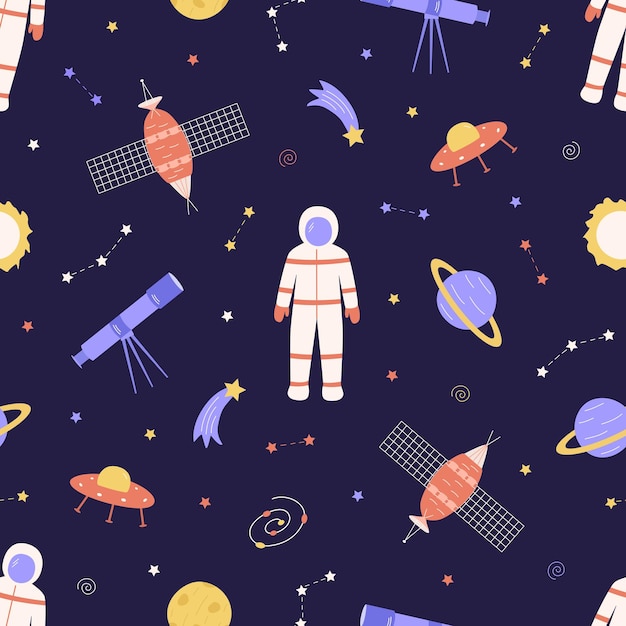 Seamless Pattern Cosmos doodle is a set of vector illustrations Icons of space elements rocket cosmonaut stars satellite telescope comet