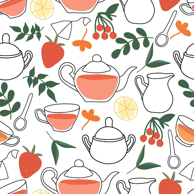 Seamless pattern for a cozy tea ceremony tea drink with organic herbal tea breakfast time