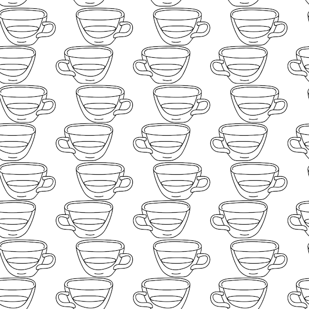 Seamless Pattern cup of coffee or tea in doodle style Vector linear illustration