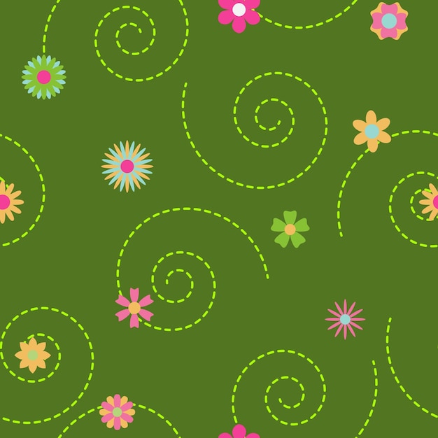 Seamless pattern of curls and flowers in various colors and shapes