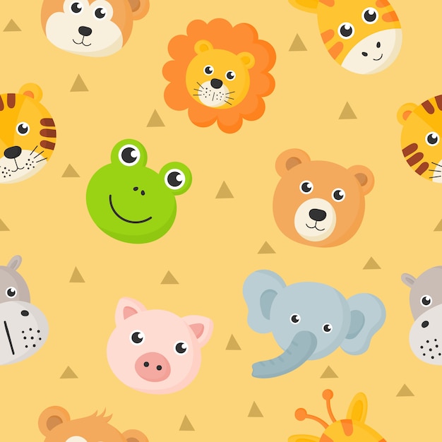 seamless pattern cute animal faces icon set for kids isolated on yellow background. 