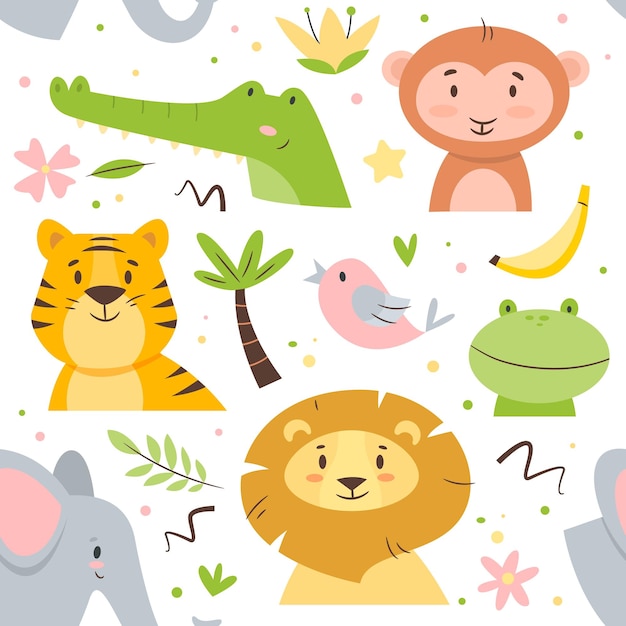 Seamless pattern cute animals Kids funny cartoon african fauna characters colorful birds mammals and reptiles flowers and dots Decor textile wrapping paper wallpaper vector print or fabric