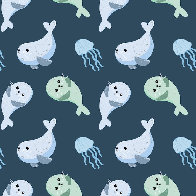 Seamless pattern cute baby whales and jellyfish on a blue background Pattern from sea animals