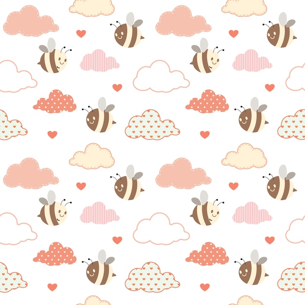 The seamless pattern of cute bee and cloud