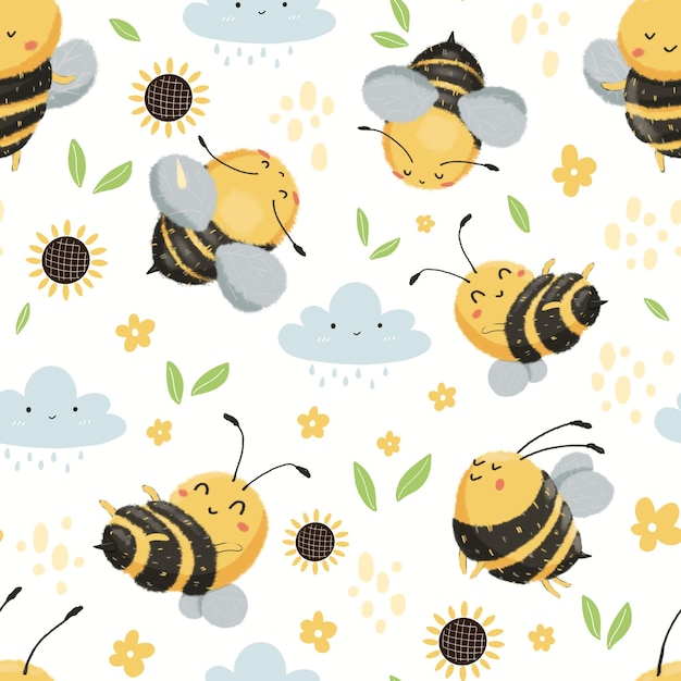 Seamless pattern cute bees and honey jar for wallpaper textile background or surface design