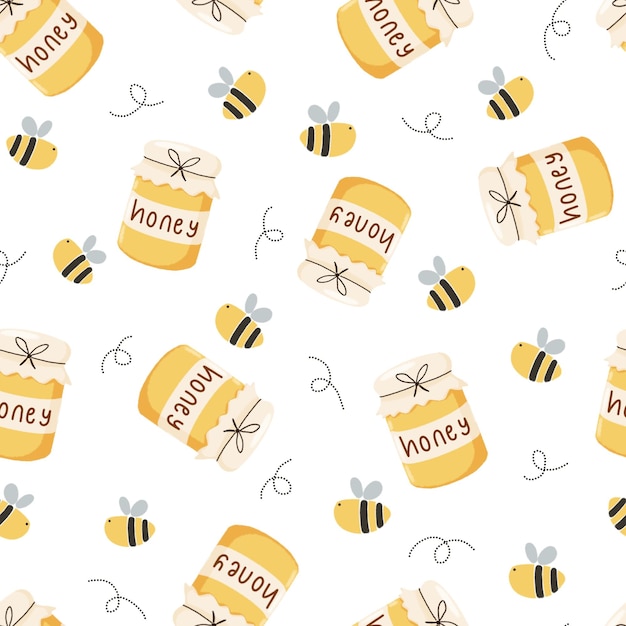 Seamless pattern cute bees and honey jar for wallpaper textile background or surface design