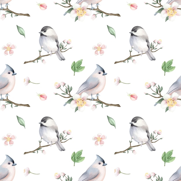 Seamless pattern of cute birds on the spring apple tree branches