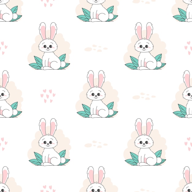 Seamless Pattern of Cute bunny baby and children concept Happy easter rabbits different poses cartoon characters Bunny with floral leafs Design for baby kids poster card invitaton Vector