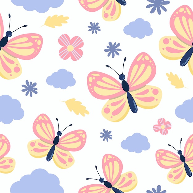 Seamless pattern of cute butterfly with flowers and clouds