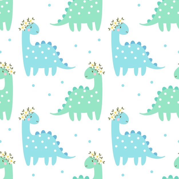 Seamless pattern cute cartoon baby dinosaurs with daisies on a white background Children's print