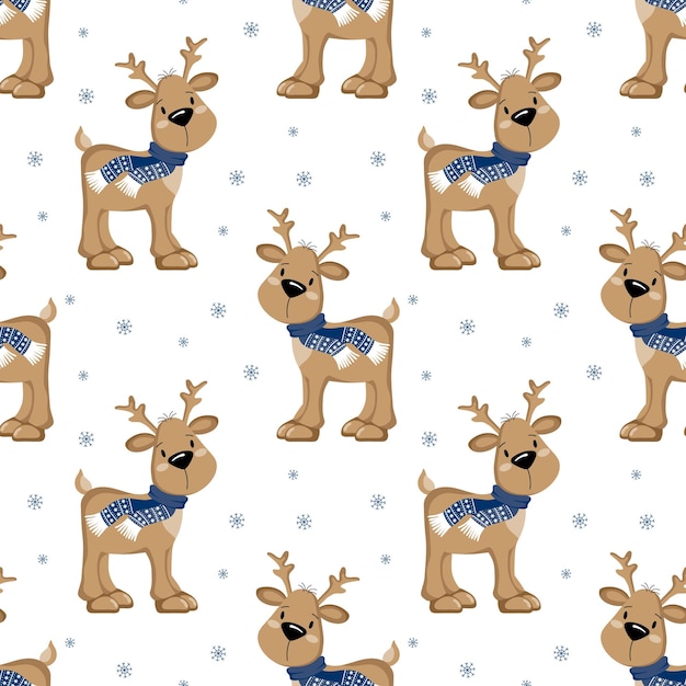 Seamless pattern, cute cartoon christmas deer in a scarf on a white background with snowflakes.