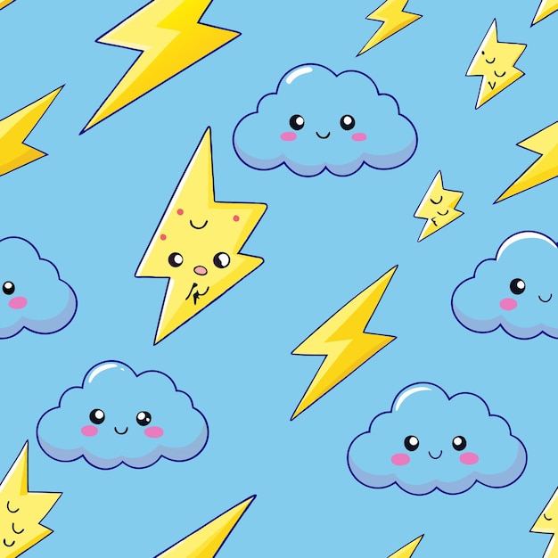 Vector seamless pattern of cute cartoon clouds and lightning bolts on a blue background