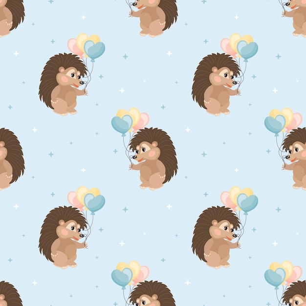 Seamless pattern cute cartoon hedgehog with balloons Baby print textiles Vector