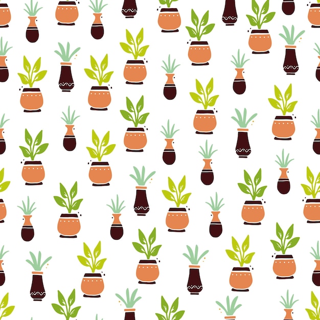 Seamless pattern of cute cartoon house plant with leaf and pot