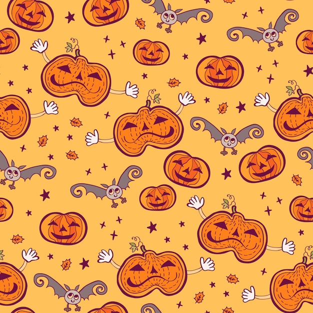 Seamless pattern of cute cartoon orange Halloween pumpkin on yellow background