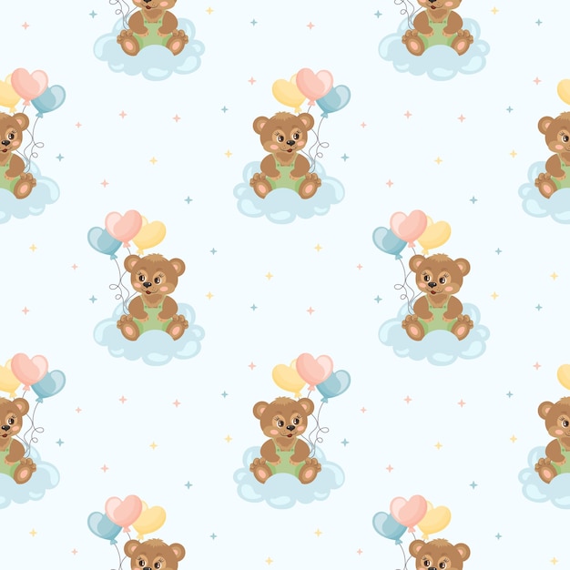 Seamless pattern cute cartoon teddy bear with balloons on a cloud Children's print background