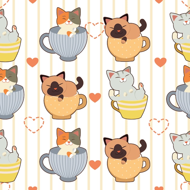 The seamless pattern of cute cat in the cup or mug  with heart.