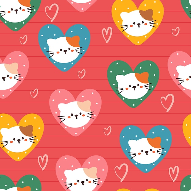 seamless pattern cute cat and heart in pink background for textile fabric print