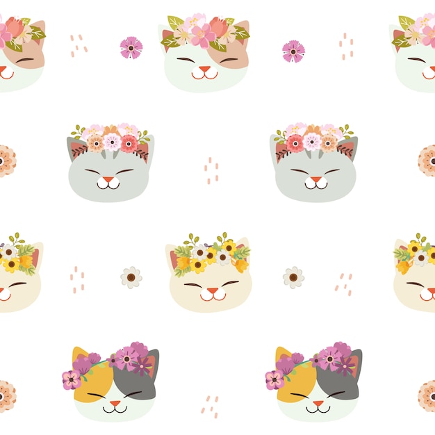 The seamless pattern of cute cat with flower crown in flat   style.