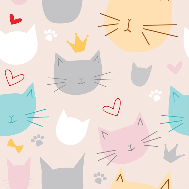 Seamless pattern of cute cats Funny doodle animalsvector illustration