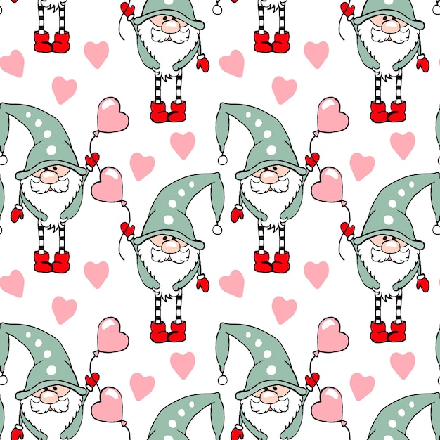 Seamless pattern, cute Christmas gnomes with heart balloons. Print, children's textile, vector