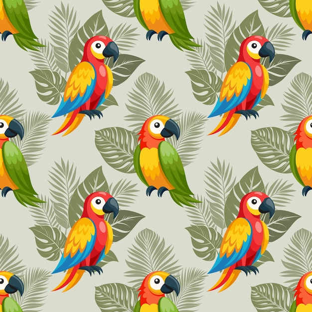 Vector seamless pattern cute colorful parrots on a fog of tropical leaves cute macaw birds