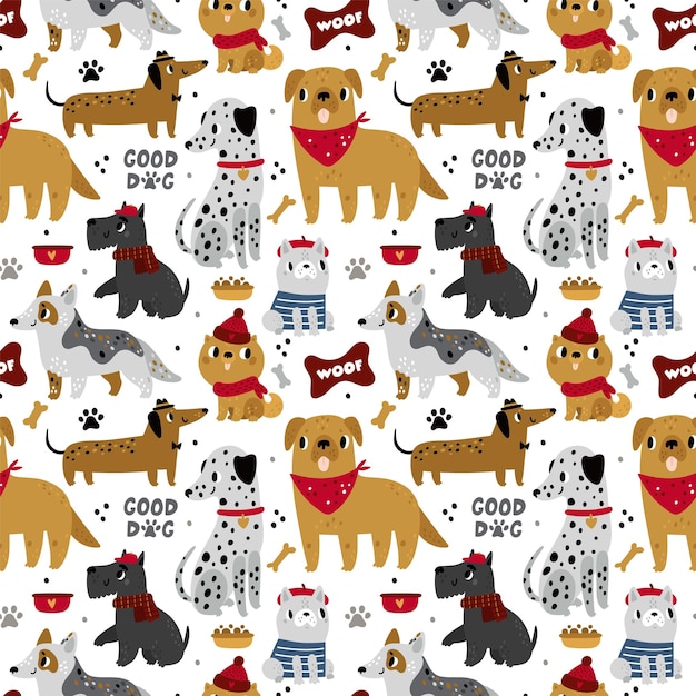 Seamless pattern cute dogs Different breeds puppies nursery prints funny childish drawing backdrop with scandinavian style pets Decor textile wrapping paper wallpaper vector print or fabric