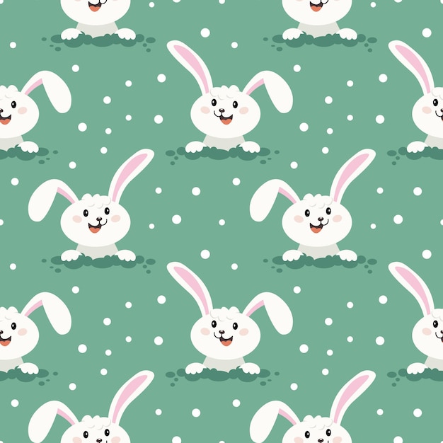 Seamless pattern cute Easter bunnies on a green background with polka dots Children's print