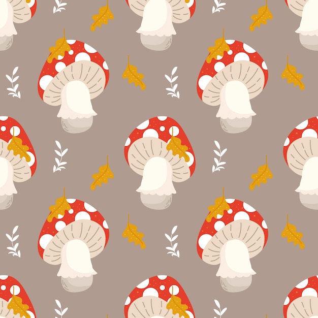 Seamless pattern, cute fly agaric mushrooms and autumn leaves on a gray background. Print