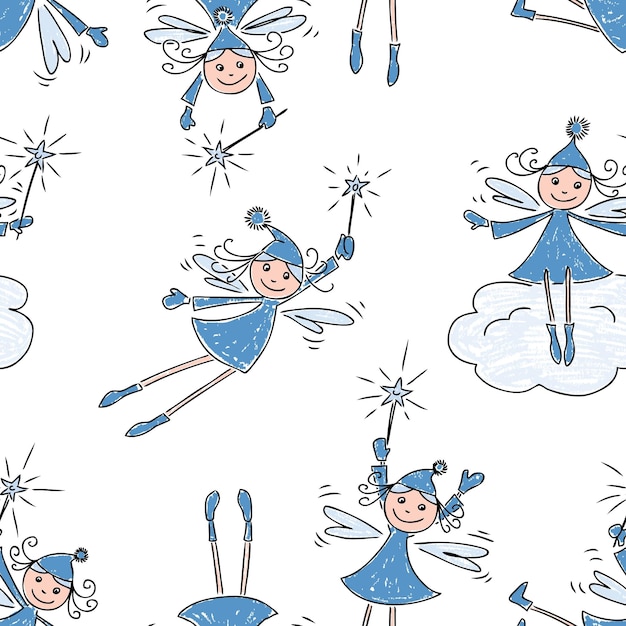 Seamless pattern of cute flying cheerful christmas elves