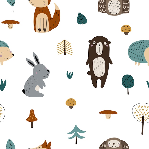 Seamless pattern of cute forest animals bear fox hare hedgehog owl with gifts of nature Vector